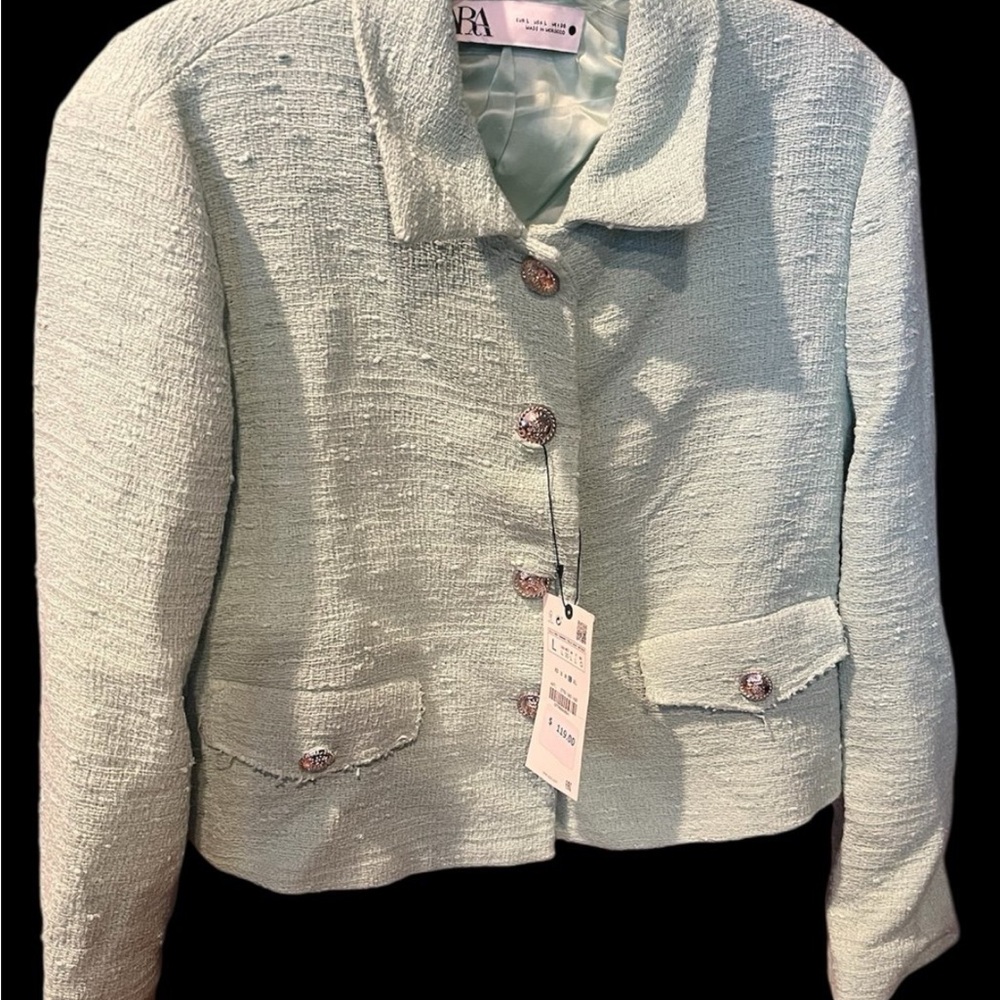NWT - Zaras Women's Mint Green Tweed Jacket large